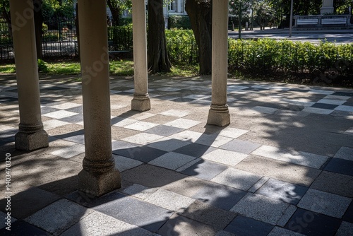 Vichy Park: Serene Health Resort Pathways with Gingham Patterns and Charming Bandstand Shadows