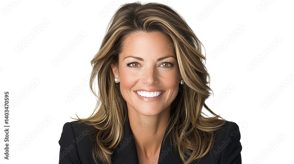 A confident woman with long hair smiles warmly, dressed in professional attire, isolated on a white background. A confident woman with long hair smiles warmly, dressed in professional attire, isolated on a white background.