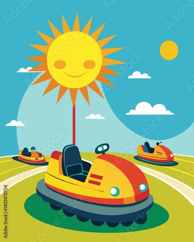 Buckle up for a bumpy ride on the Solar Bumper Cars powered by the suns rays.. Vector illustration