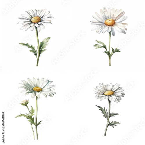 Fototapeta Naklejka Na Ścianę i Meble -  Four detailed watercolor illustrations of white daisies.