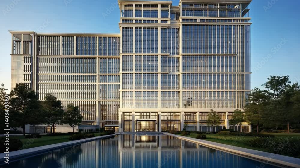 Modern architectural building with symmetrical facade reflecting in pool under clear blue sky at day Modern architectural building with symmetrical facade reflecting in pool under clear blue sky at day