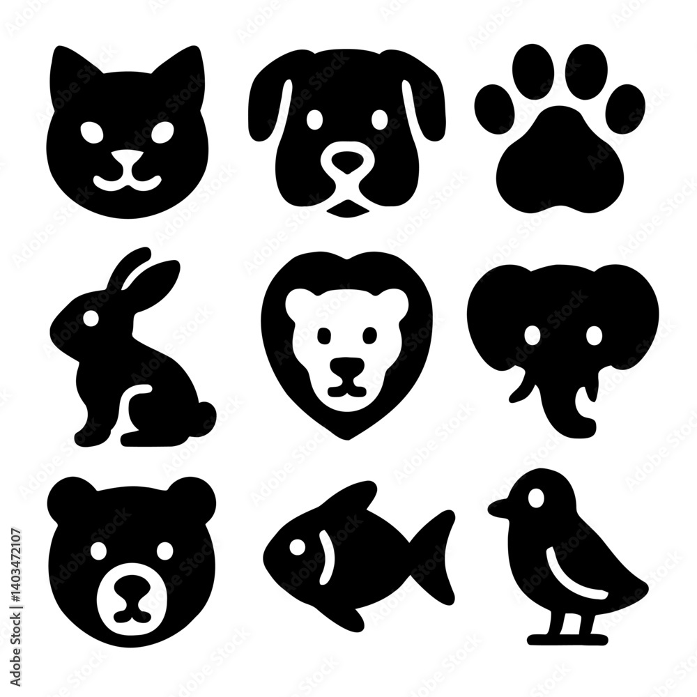 Fototapeta premium Animals vector icons set of black solid vector animal icons including cat, dog, rabbit, bear, lion, elephant, fish, bird, and paw print on a white background