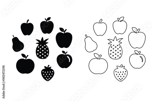 Black and Outline Fruit Icons – Dual Style Illustration of Apples, Pears, Pineapples, and Strawberries in Solid and Line Art