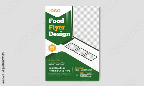 Modern and minimalist A4 size food flyer restaurant Vector template design. Marketing social media post. multiple food new menu design. New clean food  flyer  design with abstract shapes.
