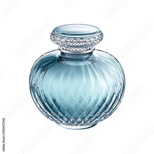 Elegant blue glass perfume bottle with a textured design and crystal stopper, isolated on a white background. photo