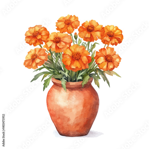 Mexican Marigold In A Terracotta Vase, vector watercolor illustration, isolated on a white background.