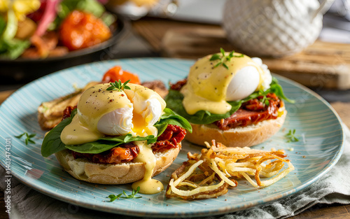Delicious eggs benedict brunch sun dried tomatoes spinach creamy hollandaise crispy potatoes teal