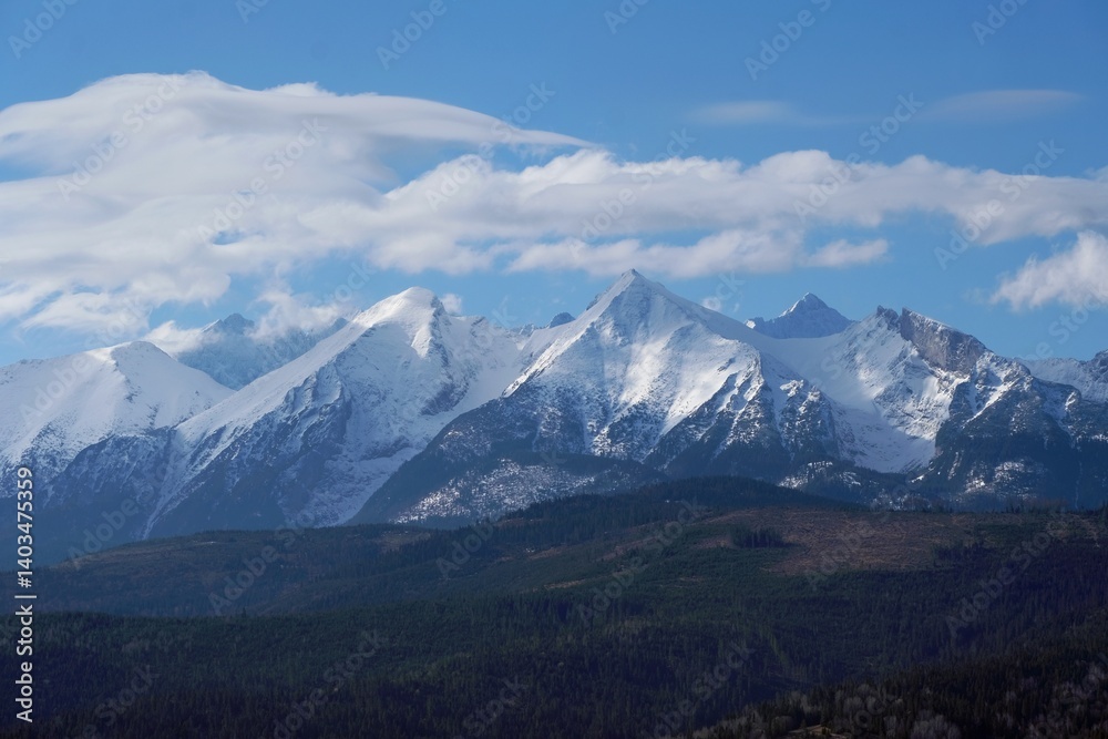 Panorama of High Tatras covered by snow from around village Lapszanka, Spisz, Lesser Poland, Poland