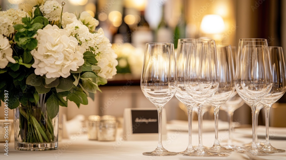 Elegant restaurant table setting, wine glasses, flowers, blurred background Elegant restaurant table setting, wine glasses, flowers, blurred background