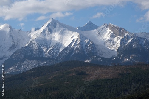 Panorama of High Tatras covered by snow from around village Lapszanka, Spisz, Lesser Poland, Poland