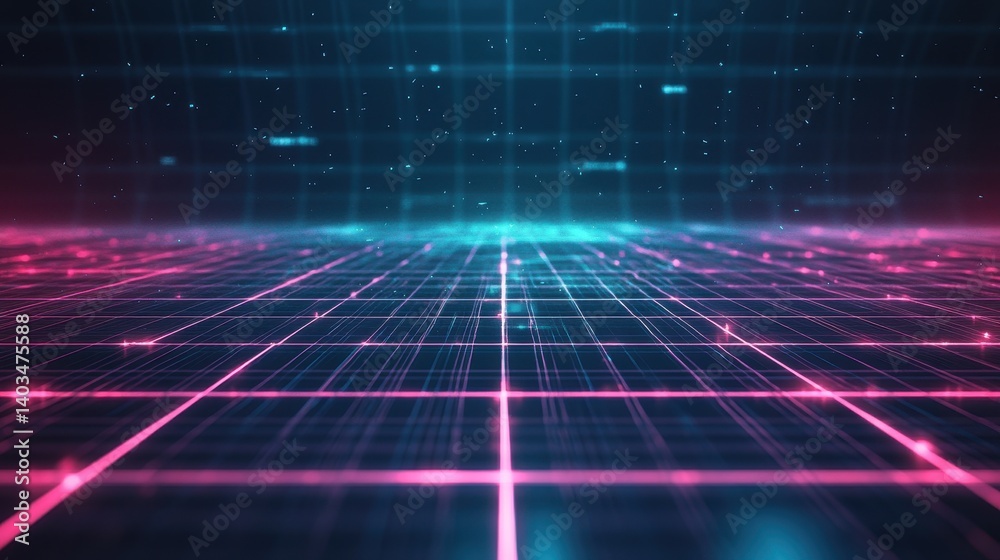 Digital abstract visualization shows a colorful grid and glowing particles Digital abstract visualization shows a colorful grid and glowing particles