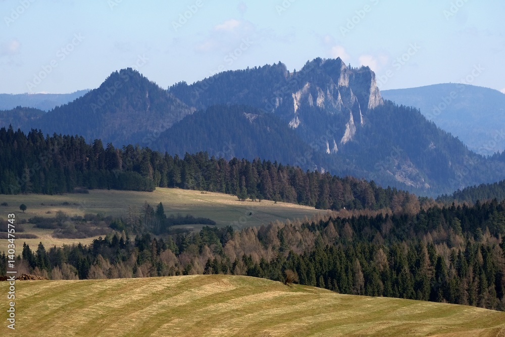 Beautiful rural landscape with fields on hils and Three Crowns peak on horizon, around Kacwin village, Lesser Poland, Poland
