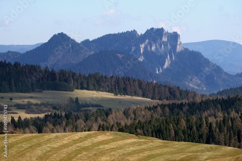 Obraz na płótnie Beautiful rural landscape with fields on hils and Three Crowns peak on horizon, around Kacwin village, Lesser Poland, Poland w salonie