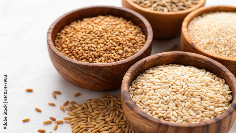 close up of assorted raw healthy grains rustic wooden bowls, including wheat, rice, and quinoa, placed white surface. natural textures and earthy tones evoke sense of nourishment and simplicity close up of assorted raw healthy grains rustic wooden bowls, including wheat, rice, and quinoa, placed white surface. natural textures and earthy tones evoke sense of nourishment and simplicity