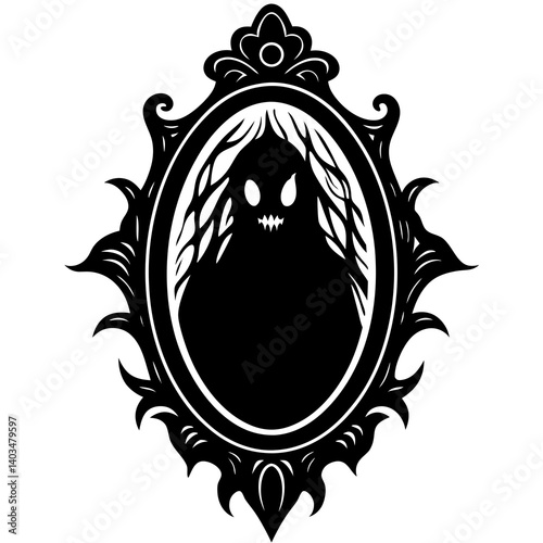 A vector silhouette illustration of a haunted mirror with a ghostly face inside