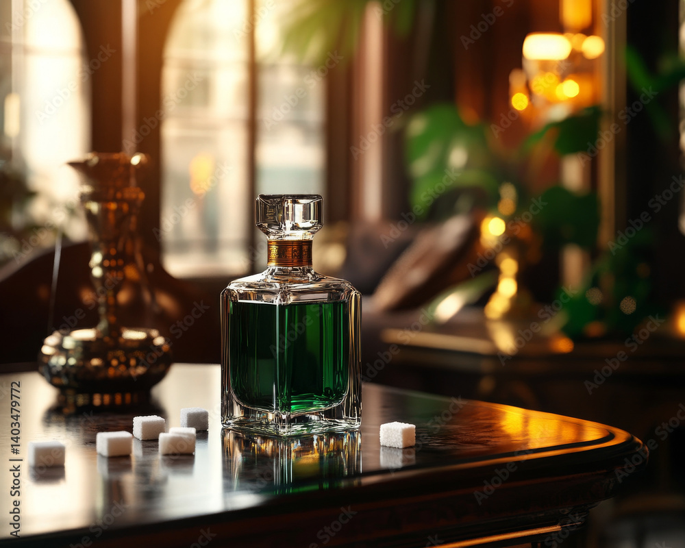 Luxury absinthe bottle resting, captivating, rich scene unfolds with sugary temptation Luxury absinthe bottle resting, captivating, rich scene unfolds with sugary temptation