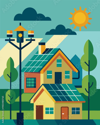 In a suburban neighborhood a discreet solarpowered surveillance system provides added protection for residents against burglaries.. Vector illustration