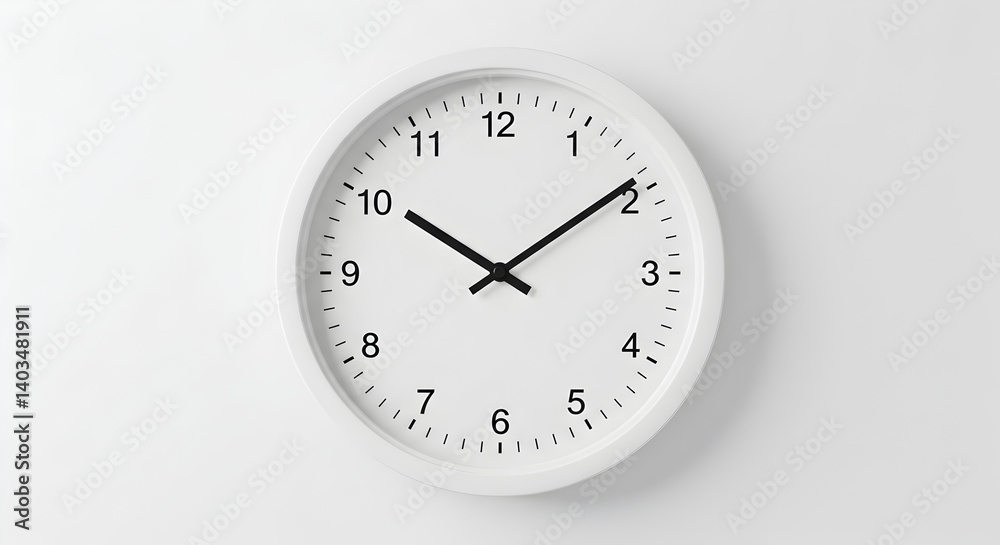 Minimalist White Round Clock on a White Wall Showing Ten Ten in Bright Studio Lighting Minimalist White Round Clock on a White Wall Showing Ten Ten in Bright Studio Lighting