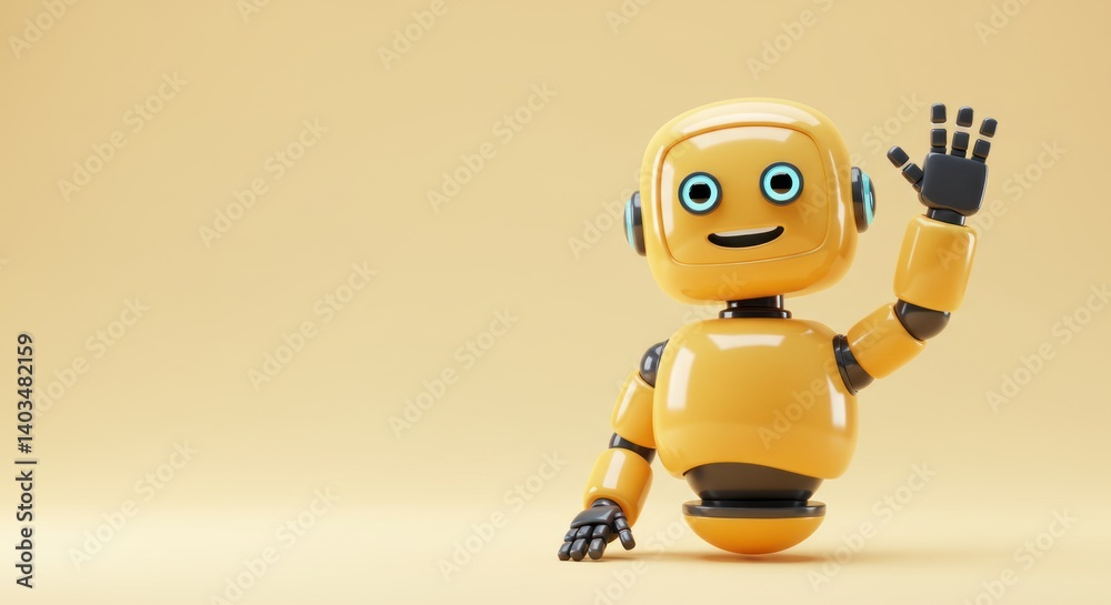 Yellow robot waving hand against a beige background. Yellow robot waving hand against a beige background.