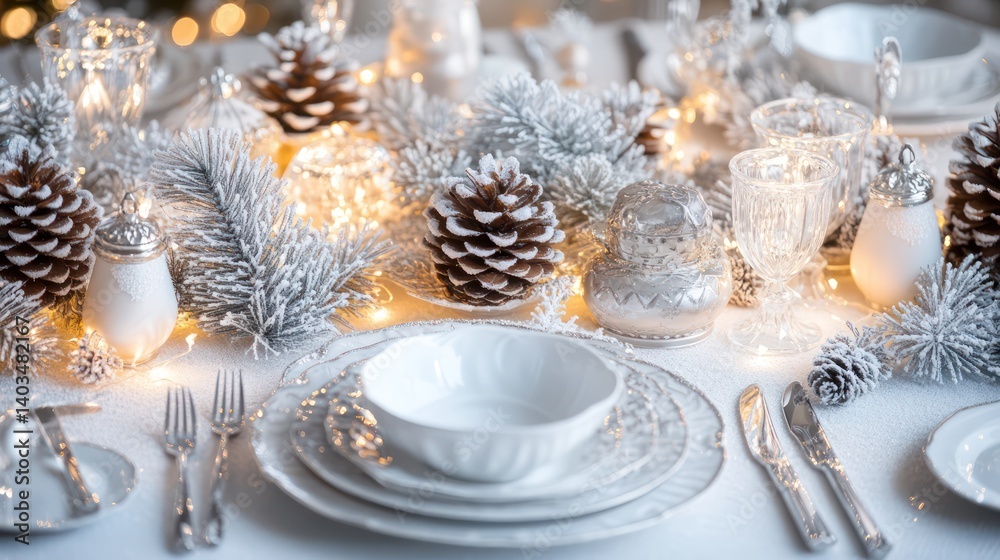 An elegant winter-themed dining table setting with frosted pinecones, white and silver accents, delicate fairy lights, and an assortment of An elegant winter-themed dining table setting with frosted pinecones, white and silver accents, delicate fairy lights, and an assortment of