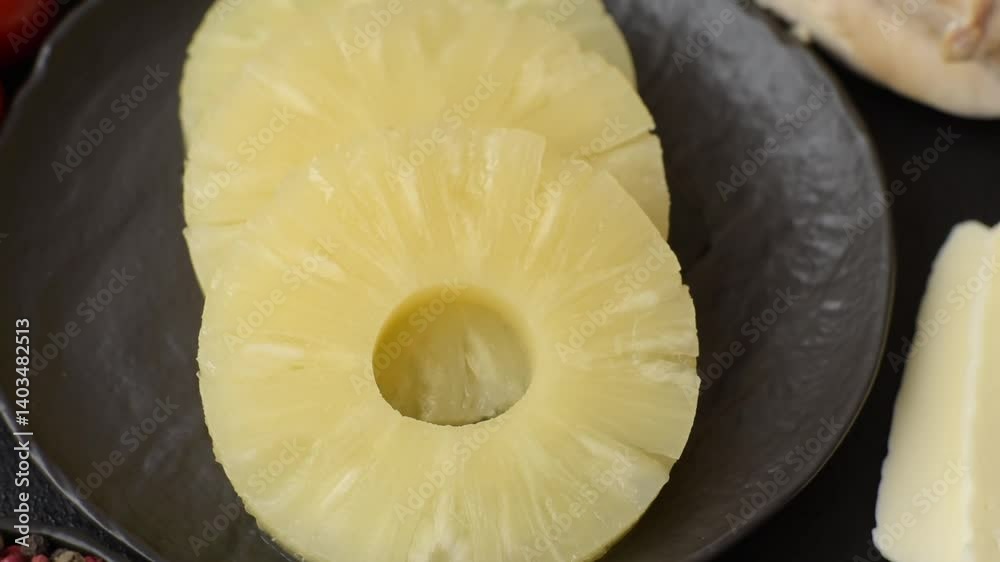 Tropical fruit pineapple in rings or slices tinned sweet yellow colour