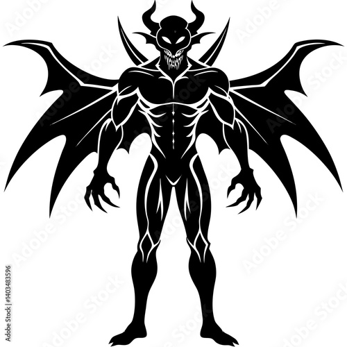 A vector silhouette illustration of a menacing demon with its wings spread wide 
