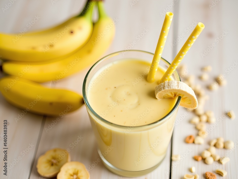 Refreshing Banana Smoothie with Banana Slices and Straws Refreshing Banana Smoothie with Banana Slices and Straws