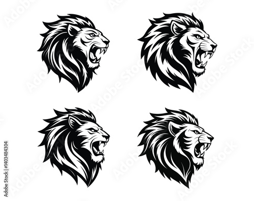 Roaring lion heads silhouette on white background