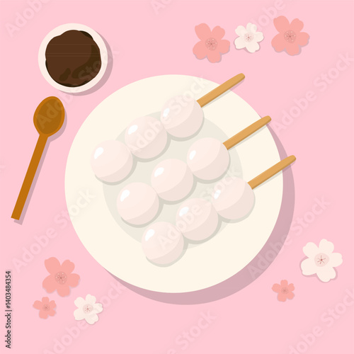 Ilustration vector ofTraditional Japanese dessert Dango. Hanami Dango dessert on a plate. Design element for banner, poster, restaurant menu. Vector illustration, 