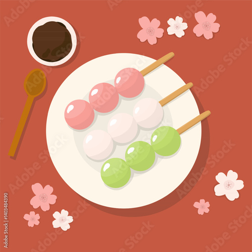 Vector ilustration of Traditional Japanese dessert Dango. Hanami Dango dessert on a plate. Design element for banner, poster, restaurant menu. Vector illustration
