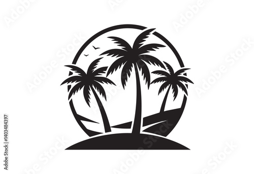 Tropical beach scene with palm trees and a circular design