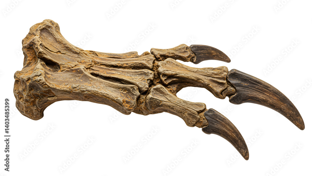 Fototapeta premium A fossilized dinosaur claw with sharp, curved nails and visible bone structure.