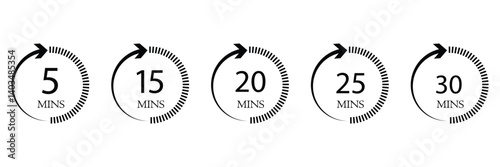 Set of timer Timer, clock, stopwatch isolated set icons. Kitchen timer icon with different minutes. 5, 10, 15, 20, 25, 30, 40, 50, 60, 90, min. Cooking time symbols. Great design for any purposes.  