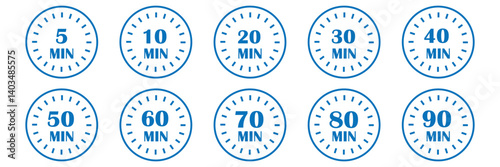 Set of timer Timer, clock, stopwatch isolated set icons. Kitchen timer icon with different minutes. 5, 10, 15, 20, 25, 30, 40, 50, 60, 90, min. Cooking time symbols. Great design for any purposes.  