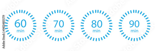 Set of timer Timer, clock, stopwatch isolated set icons. Kitchen timer icon with different minutes. 5, 10, 15, 20, 25, 30, 40, 50, 60, 90, min. Cooking time symbols. Great design for any purposes.  