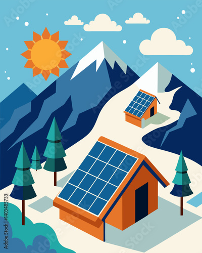 As winter rages on the solar panels continue to function providing a sustainable source of energy despite the challenging conditions.. Vector illustration