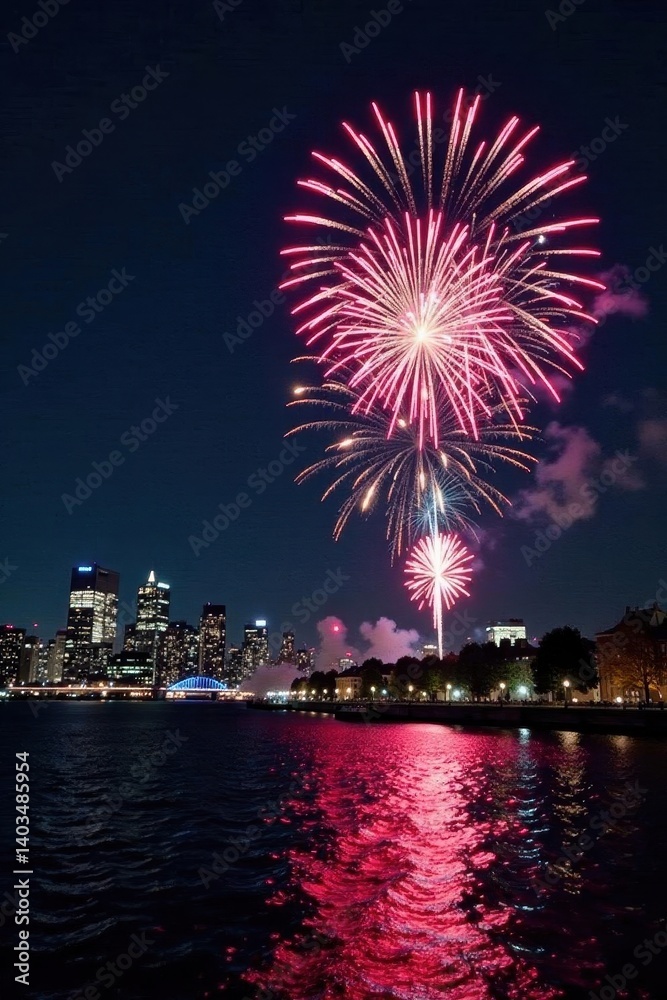 Vibrant fireworks explode over London skyline at midnight , incredible, festival, explosions Vibrant fireworks explode over London skyline at midnight , incredible, festival, explosions