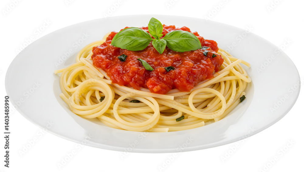 Delicious Pasta Dish with Tomato Sauce and Fresh Basil on White Plate Delicious Pasta Dish with Tomato Sauce and Fresh Basil on White Plate