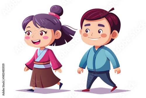 Cheerful Cartoon Asian Kids Walking Together in Traditional Clothing, White Background