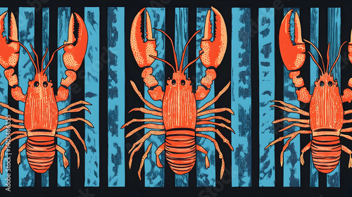Repeating pattern of illustrated lobsters against striped background