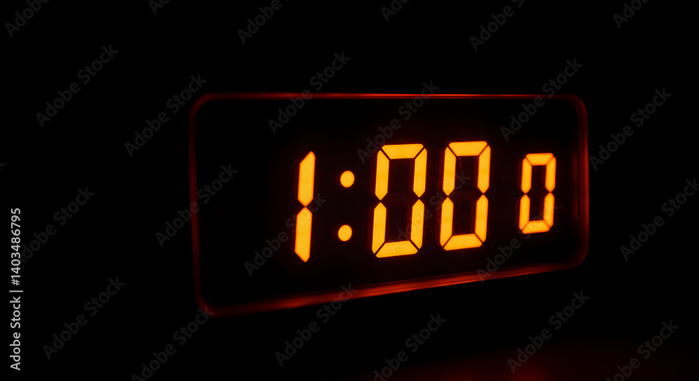 Digital Clock Displaying Exact Time One O Clock With Glowing Orange Digits in Dimly Lit Room Digital Clock Displaying Exact Time One O Clock With Glowing Orange Digits in Dimly Lit Room