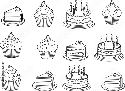 Cute cartoon set of cakes cupcakes and sweets with chocolate cream and fruit in a seamless party pattern