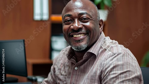 Smiling professional man works at his desk with a laptop in a modern office setting during the day