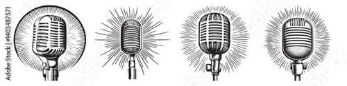 Vintage Microphone Illustrations with Radiant Sound Waves Motif, logo design, engraving design, vector illustration