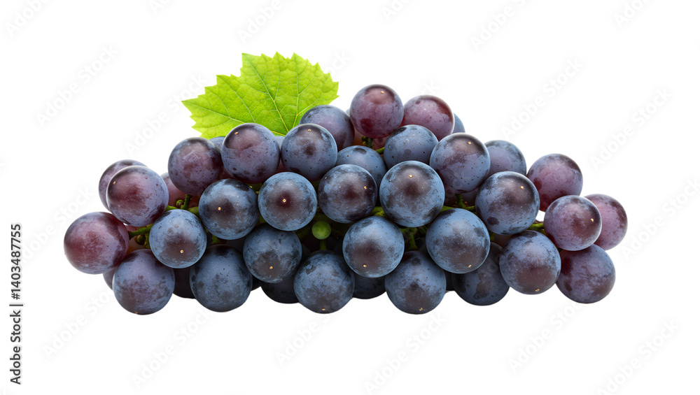 Fototapeta premium Fresh Bunch of Dark Purple Grapes with Green Leaf