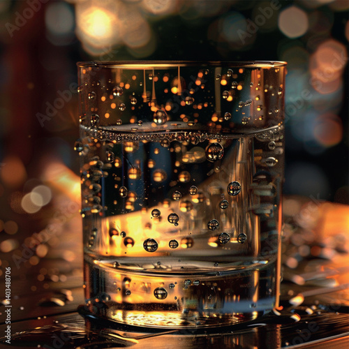 "Glass of Water with Refreshing Water Drops on Transparent Surface"

