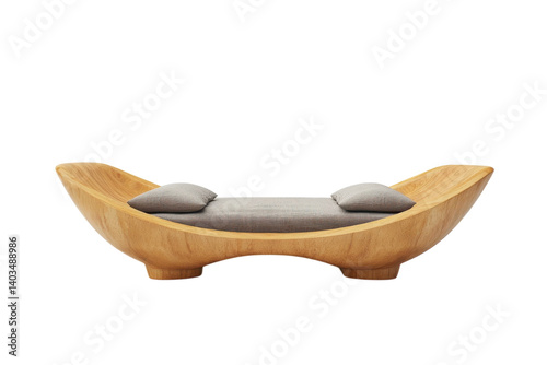Elegant wooden chaise lounge with gray patterned cushions modern minimalist design serene bedroom