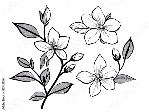 Jasmine flowers, bud, and leaves in black isolated on white background. Ornate floral elements for spring design and coloring book. Jasmine flower in contour or line art style 