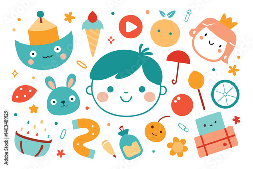 Cheerful Flat Cartoon Playful Design with Orange, Blue and Red Elements on White