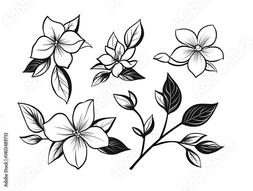Jasmine flowers, bud, and leaves in black isolated on white background. Ornate floral elements for spring design and coloring book. Jasmine flower in contour or line art style 